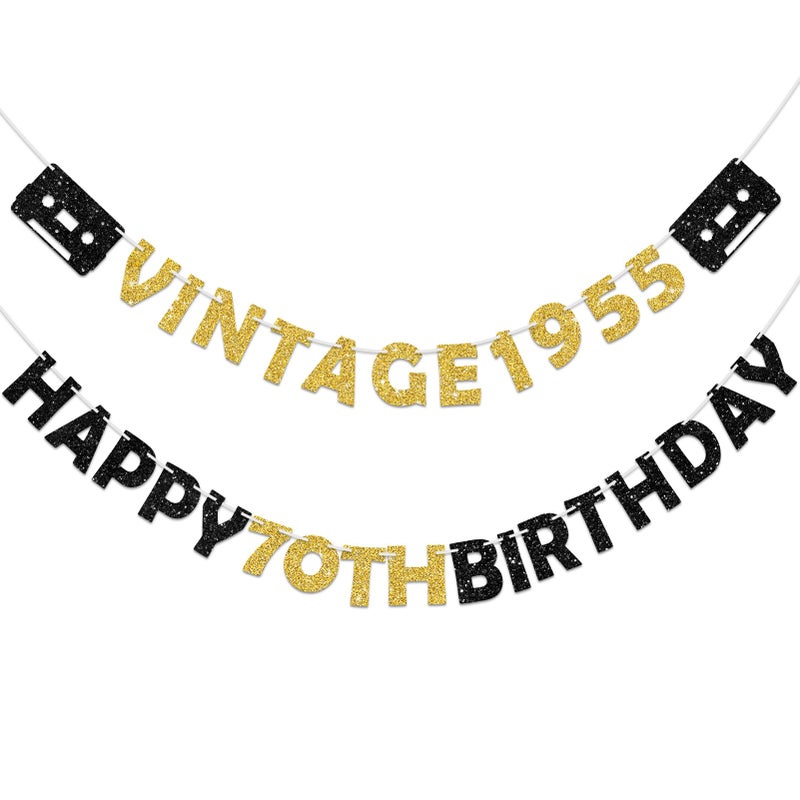 Eucutur Pre-Strung Black Gold 70th Birthday Banner Decoration for Men Women, Glitter Vintage 1955 Happy 70th Birthday Party Supplies, Cheers to 70 Years Old Bday Party Decor Sign - Image 1